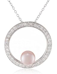 Sterling Silver 8.0-8.5mm Freshwater Cultured Pearl and Cubic Zirconia Pendant Necklace, 18"