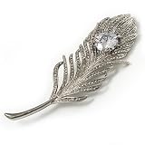 Large Swarovski Crystal Peacock Feather Silver Tone Brooch (Clear)