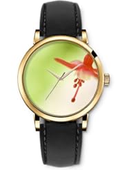 SPRAWL Aanalog Fashion Series Gold Ladies Watches of Genuine Black Leather Strap,Unique Wrist Watch for Women Girls Designed with Sprout on a green background
