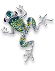 Heather Needham, Silver Green Many Crystals Large Frog Brooch With Hidden Pendant Loop