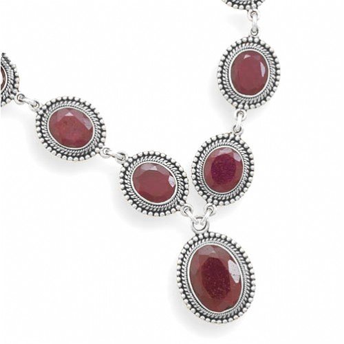 Oxidized Oval Faceted Rough-Cut Ruby with Bead Design Necklace Oxidized Oval Faceted Rough-Cut Ruby with Bead Design Necklace