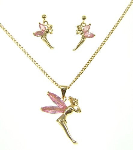 Kala-isbijoux – Pendentif ( 3 cm avec bélière ) , Boucles d’Oreilles( 2,5 cm)&nbsp;&raquo; Fée Clochette&nbsp;&raquo; et chaîne ( 45 cm ) Plaqué Or 750/1000 – 5 Microns – garantie 10 ans avec oxyde de zirconium Teinte Rose – Femme