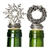 Pewter Wreath & Snowflake Top Design Holiday Bottle Stoppers - Set of 2