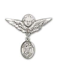 Sterling Silver Baby Badge with St. Stephanie Charm and Angel with Wings Badge Pin