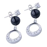 925 Sterling Silver Crystal Hoop And Black Gemstone Dangle Earrings