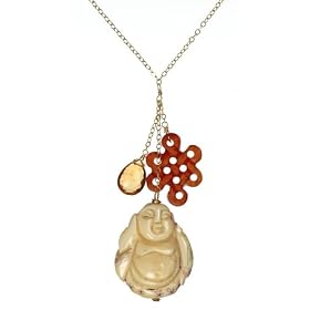 14k Yellow Gold Necklace with Serpentine, Citrine and Carved Bone Pendant, 16 by