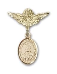 Gold Filled Baby Badge with Blessed Pier Giorgio Frassati Charm and Angel with Wings Badge Pin