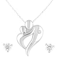 Sterling Silver With Cubic Zirconia Mother Child Necklace & Round Earring Set - Silver/White ( 18" )