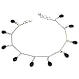 Silver Ankle Bracelet Pair Onyx Gemstone Jewelry 9.5 inches (ganklt043a)