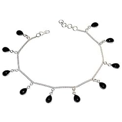 Silver Ankle Bracelet Pair Onyx Gemstone Jewelry 9.5 inches (ganklt043a)