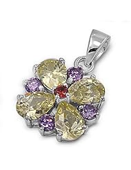 Sterling Silver & Multicolor CZ Fancy Flower Plumeria Pendant
