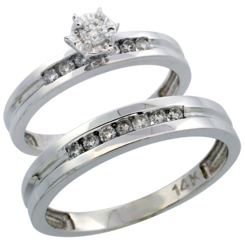 14ct White Gold 2-Piece Diamond Ring Band Set w/ Rhodium Accent ( Engagement Ring & Man's Wedding Band ), w/ 0.35 Carat Brilliant Cut Diamonds, ( 3mm; 4mm ) wide, size J