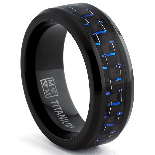 Black Titanium Wedding Band Ring with Black and Blue Carbon Fiber inlay, Comfort fit 8mm, Sizes 6 to 15