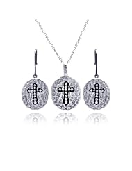 Nickel Free Sterling Silver Pendant & Earring Sets Hammered Oval With Cross Set
