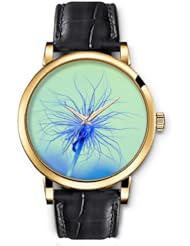SPRAWL Aanalog Fashion Series Gold Ladies Watches of Genuine Black Leather Strap,Unique Wrist Watch for Women Girls Designed with Blue flower