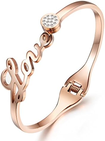 Old Rubin Fashion Rose Gold Titanium Stainless Steel Women's Bracelet "Love"Letters With Shining Crystal Wristband Cuff Bangle Best Gift To Say "I lOVE YOU"