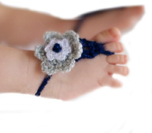 Pure Handmade Knit Flowers Barefoot Sandals Infant Toddler Baby Feet Decoration (Gray White Blue)