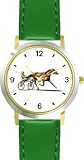 IMAGE OF Sulky Horse or Standardbred Racehorse Horse - WATCHBUDDY® DELUXE TWO-TONE THEME WATCH - Arabic Numbers - Green Leather Strap-Children's Size-Small ( Boy's Size & Girl's Size )