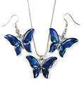 Paua Shell Butterfly Necklace & Earring Set, Silvertone, 18", Pierced Earrings