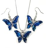 Paua Shell Butterfly Necklace & Earring Set, Silvertone, 18, Pierced Earrings