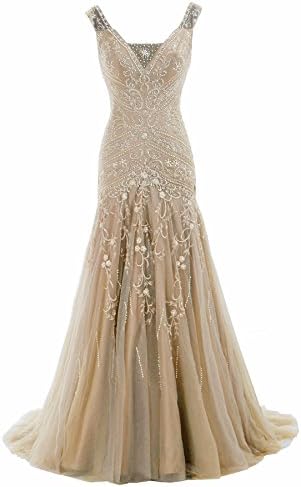COCOMELODY Trumpet V Neck Long Beaded Prom Evening Dress Bmmc0009 Champagne 0