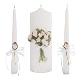 Celebration Candles Wedding Unity Candle Set, 10-inch Pillar Candle with Bouquet of 12 Clay Roses, matching 10-inch Taper Candles, White