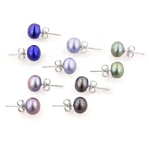 Set of 5: Grey, Peacock, Olivine, Multi-Blue Ringed Freshwater Cultured Pearl Earrings
