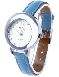 Womens Quartz Wristwatch Blue Leather Band Rhinestone Dial Arabic Numeral Mark