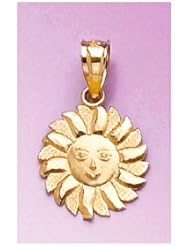 14k Gold Necklace Charm Pendant, Sun With Face & Alternating Textured Rays