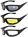 Set of 3 Pairs Black Motorcycle Padded Foam Glasses Smoke Yellow Clear Lens Owl