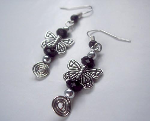 Butterfly Charm Earring Spirals Earrings Handmade Earrings Black and Silver Earrings