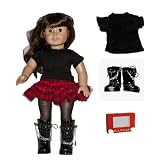 RED & BLACK PLAID TU TU COMPLETE 5 PC LOT SKIRT SET with Black t-shirt, Fishnet Stockings, Black Rocker Boots PLUS TOY - Fits the American Girl 18