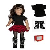 RED & BLACK PLAID TU TU COMPLETE 5 PC LOT SKIRT SET with Black t-shirt, Fishnet Stockings, Black Rocker Boots PLUS TOY - Fits the American Girl 18" Doll Clothes