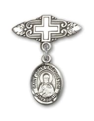 Sterling Silver Baby Badge with St. John Chrysostom Charm and Badge Pin with Cross