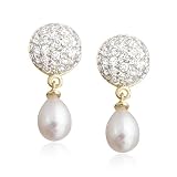 Yellow Gold Overlay Sterling Silver Freshwater Cultured Pearl & Pave Cubic Zirconia Earrings by Cheline