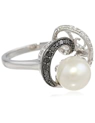 14K White Gold 8 - 8.5mm Freshwater Cultured Pearl and Black and White (0.14 cttw, G-H Color, I1-I2 Clarity) Diamond Ring