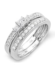 14k White Gold Princess & Round Diamond Ladies 3 Stone Engagement Bridal Ring... by 