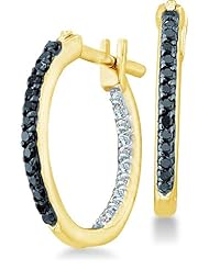 14k Yellow OR White Gold Two Double Sided Back and Front Round Black and White Diamond Hoop Huggie Earrings - 15mm Height * 2mm Width (1/4 cttw)