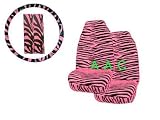5 Piece Safari Animal Print Auto Interior Gift Set - 2 Pink Zebra Front Bucket Seat Covers, 1 Pink Zebra Steering Wheel Cover, and 2 Pink Zebra Shoulder Harness Pressure Relief Cover