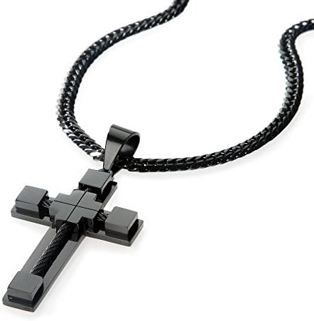 Stainless Steel Black Men's Large Cable Cross Pendant with 24" Curb Chain Necklace