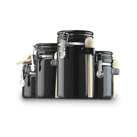 Buy Anchor Home Collection 4-Piece Ceramic Canister Set with Clamp Top Lid and a Wood Spoon, Black