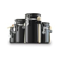 Anchor Home Collection 4-Piece Ceramic Canister Set with Clamp Top Lid and a Wood Spoon, Black