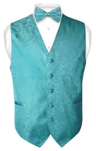 Men's Paisley Design Dress Vest & Bow Tie TURQUOISE AQUA BLUE Color BOWTie Set