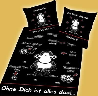 SHEEPWORLD: OHNE DICH IST ALLES DOOF - Bettwäsche mit Wendekissen, schwarz, 100% Baumwolle (80x80xm/135x200cm)