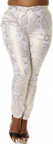 Plus Size Gold Foil Paisley Print Denim Jogger Pants (2X, White)