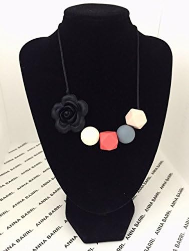 ANNA BARRI Designer, Chewable Black Flower Silicone Baby Teething Necklace for Moms / Nursing Necklace / Teething Relief and Gum Massage / Baby Shower Gift / Teether Toy / Teething Baby