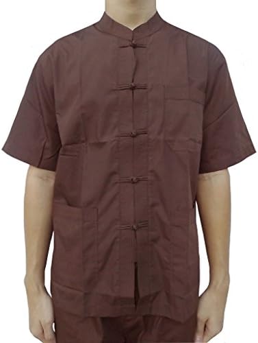 Malime Men's Short Sleeve Chinese Collar Meditation Shirt Large Dark Brown