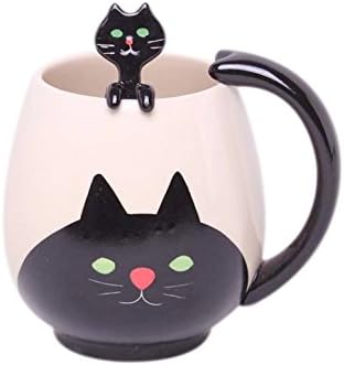 Prehelife Lovely Cartoon Black Cat Mug Ceramic Coffee Mug Milk Tea Cup + Spoon + Cup Mat