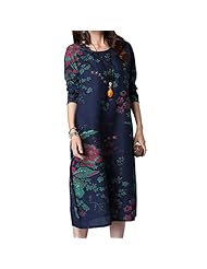 Vintage Long Sleeves Spring Floral Print Cotton/Linen  Dress