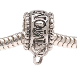 Silver Tone Large Hole Message Bead 'Mom' - Charm Bail With Loop - Fits Pandora